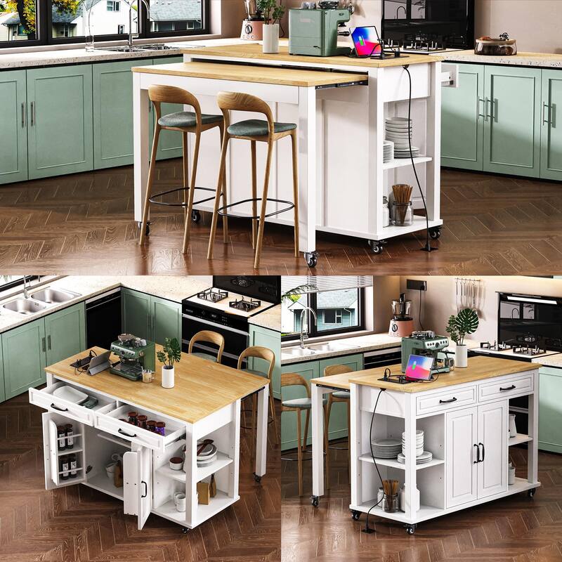 Extendable Kitchen Island on Wheels, Rolling Mobile Kitchen Cart, Bar Cabinet with Internal Storage Rack, 2 Drawers & 2 Cabinet