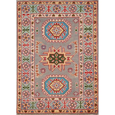 Gray Blue Geometric Kazak Oriental Foyer Rug Hand-Knotted Wool Carpet - 2'0"x 3'0"