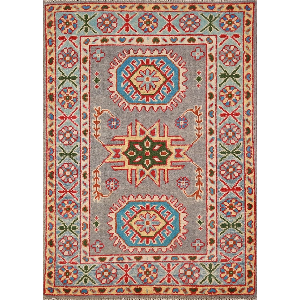 Gray Blue Geometric Kazak Oriental Foyer Rug Hand-Knotted Wool Carpet - 2'0"x 3'0"