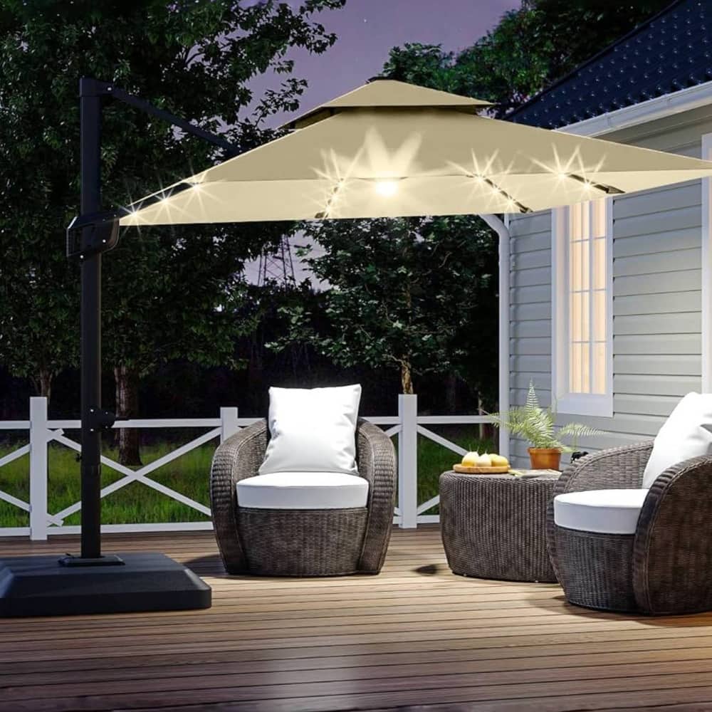 10' x 10' Cantilever Patio Umbrella with LED Lights & Weighted Base for Backyard, Deck, Pool
