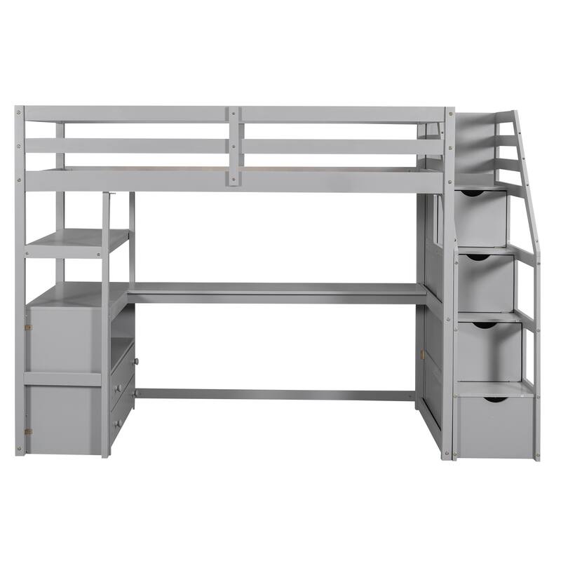 Loft Bed with Desk and Shelves, 2 Built-In Drawers, Storage Staircase