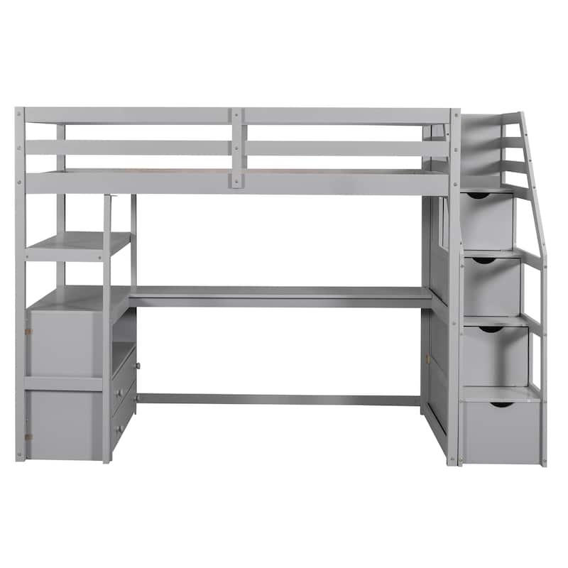 Twin Size Loft Bed w/Desk,Shelves,Built-in Drawers,Storage Staircase