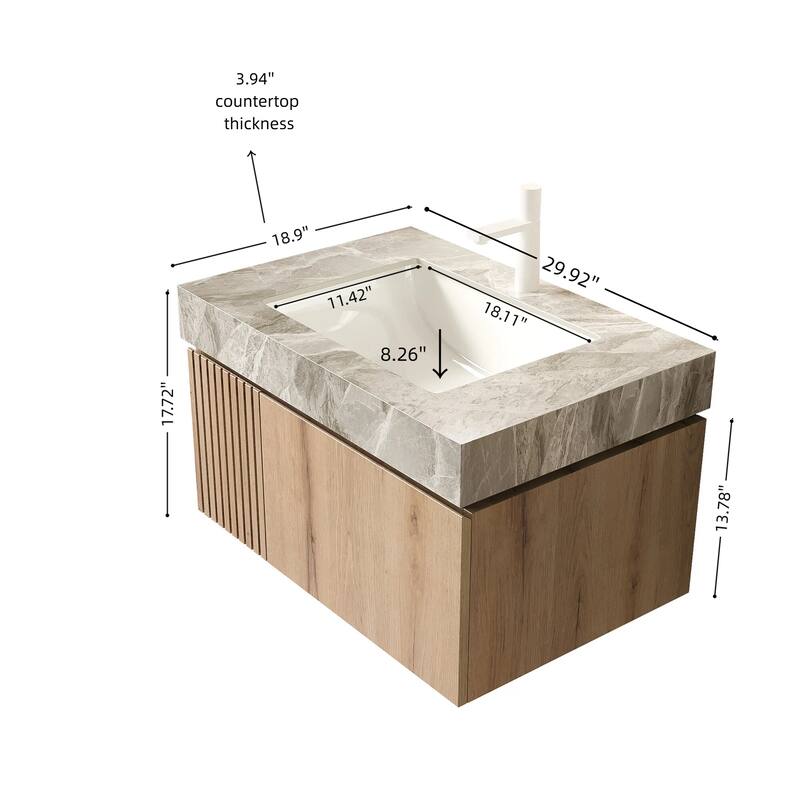 30"/36"/48" Wall-Mounted Bathroom Vanity with Ceramic Sink, Sintered Stone Countertop Floating Bathroom Storage Cabinet