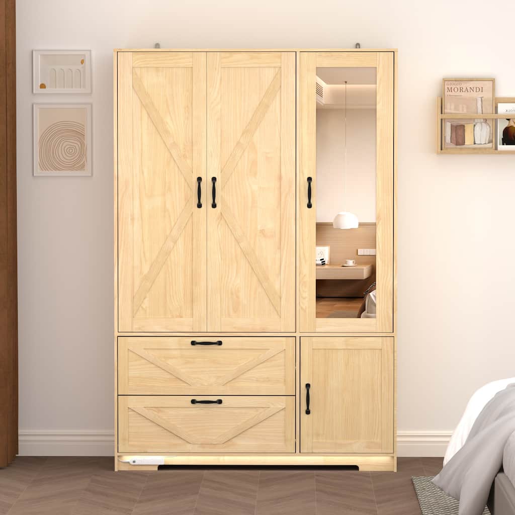 4 Doors Wardrobe Closet with Mirror, LED Wardrobe with Doors and 2 Drawers, Wooden Wardrobe Storage Cabinet with Hanging Rod