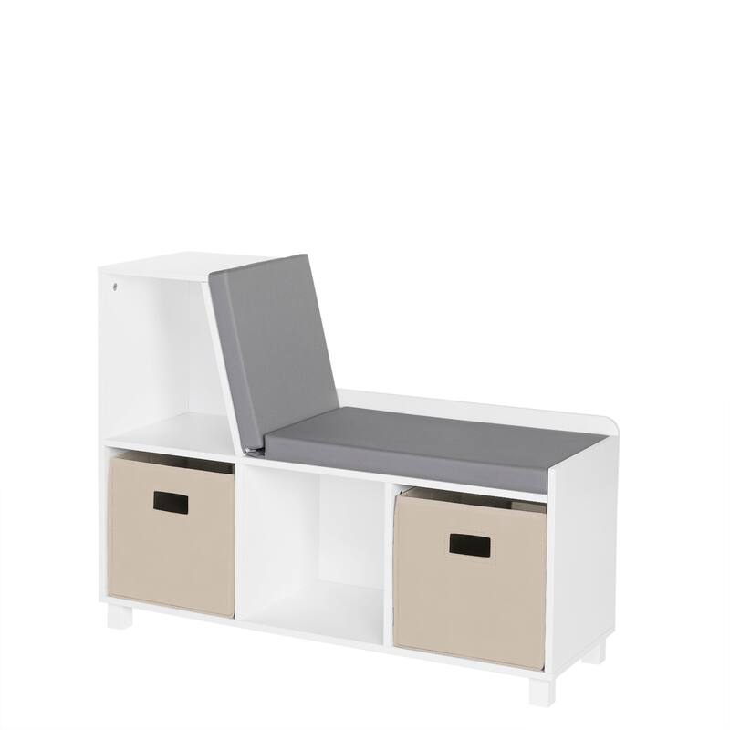 RiverRidge Kids Reading Nook Cushioned Toy Storage Bench with Cubby Organizers with Optional Fabric Bins- White