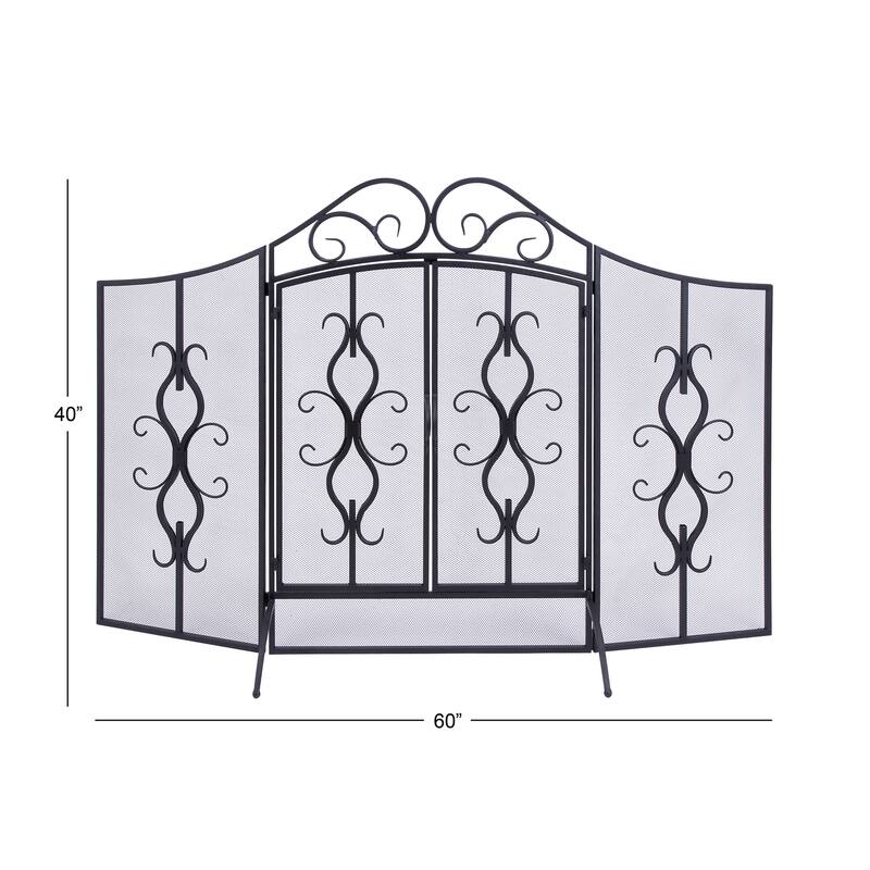 Gray Metal Foldable Mesh Netting 3 Panel Scroll Fireplace Screen