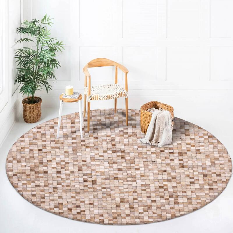 ECARPETGALLERY Handmade Cowhide Patchwork Beige, Tan Leather Rug - 7' x 7'