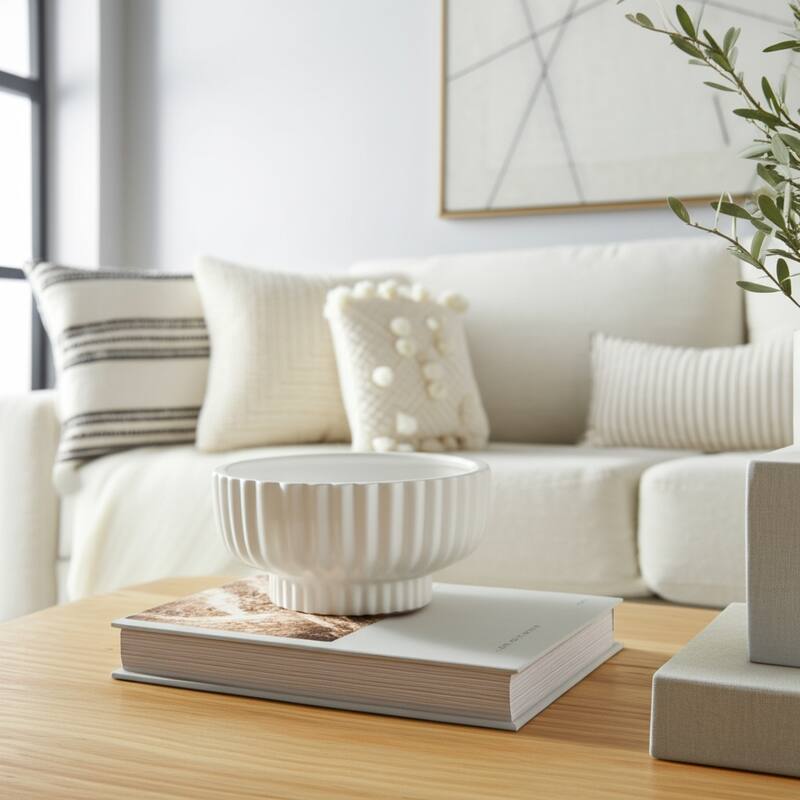 Decorative Ribbed Ceramic Bowl with Matte Finish - 12", White - 12.0"