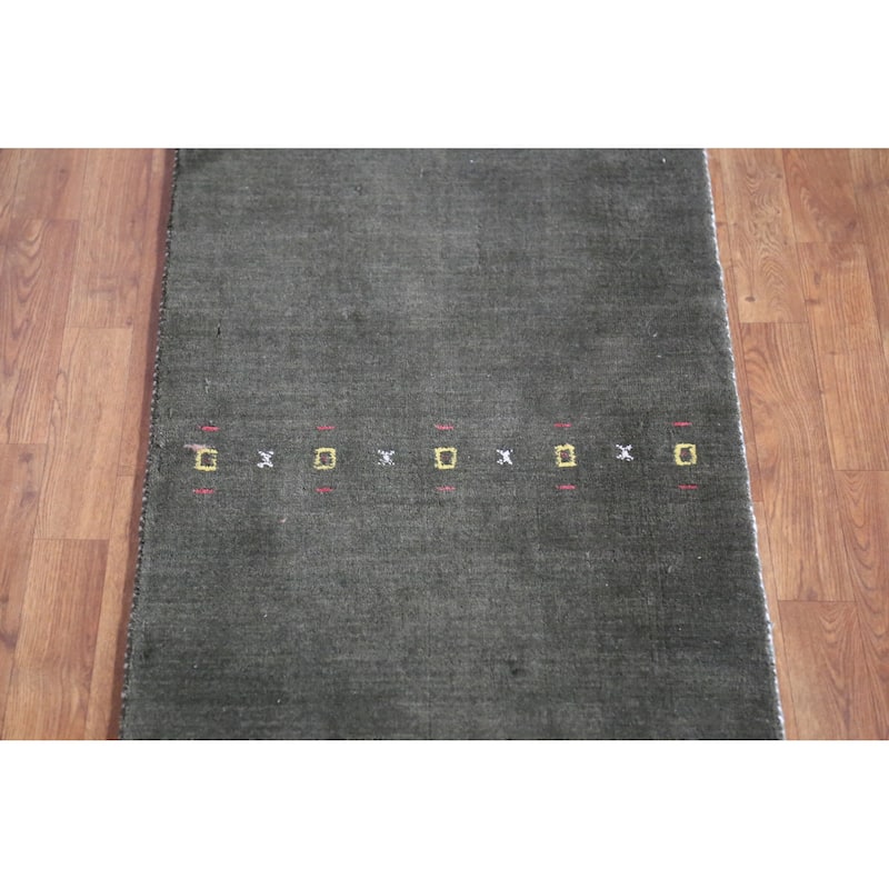 Animals Green Gabbeh Indian Runner Rug Hand-Knotted Wool Carpet - 2'4" x 9'2"