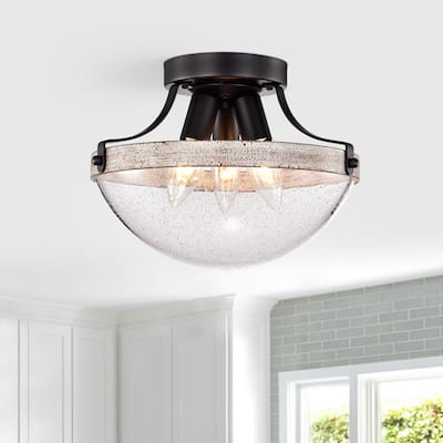 Aimie Matte Black+Wood Grain 3-Light Metal & Glass Bowl Shade Semi-Flush Mount