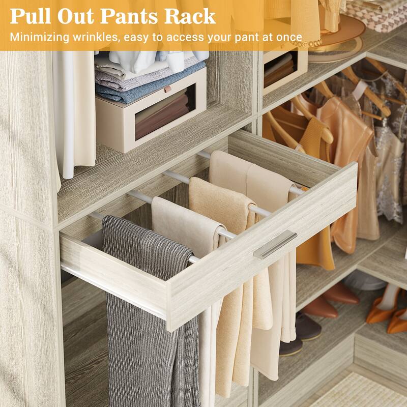 Qvella Corner Closet System with 4 Wooden Drawers & Hanging Rods & Pants Rack, Walk-in Closet Organizer System with Shoe Storage