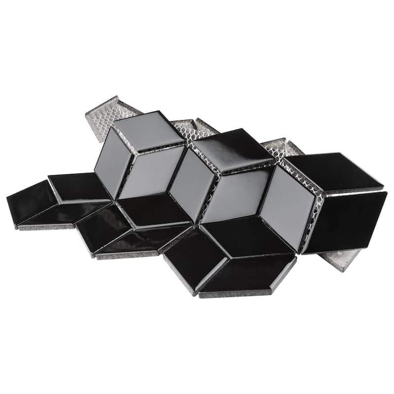 Merola Tile Metro Rhombus Glossy Black 10-1/2" x 12-1/8" Porcelain Floor and Wall Tile