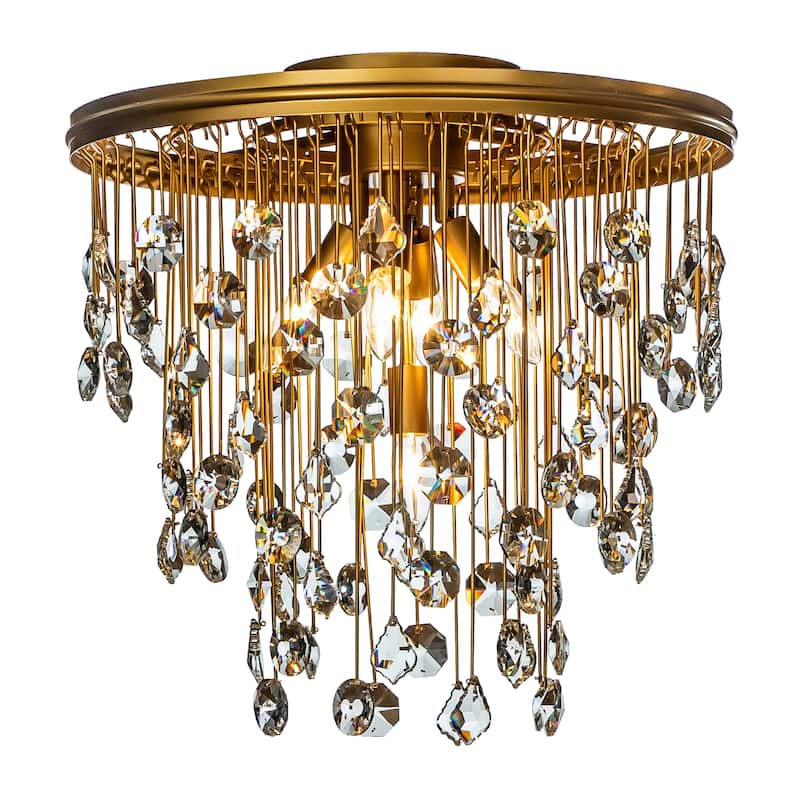 5/7-Light Contemporary and Glam Antique Gold Rain Drop Crystal Flush Mount