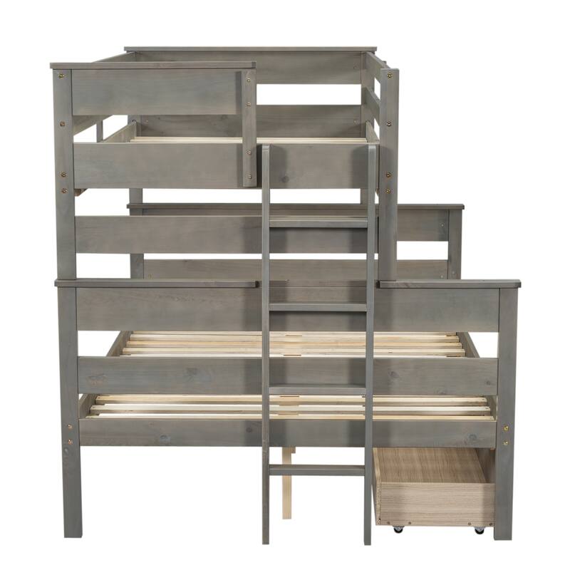 Twin over Full Solid Wood Bunk Bed Slat Support Full Length Guardrail Up Bed Separable Bed Frame with Drawer or Trundle