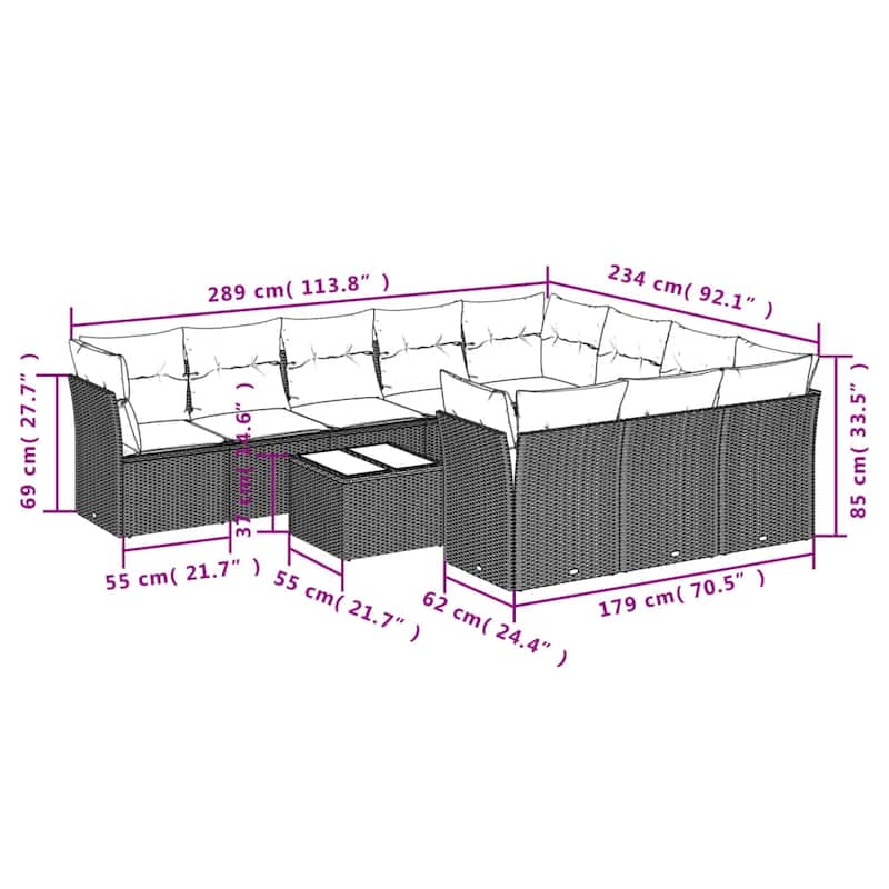 vidaXL 10/11 Piece Patio Sofa Set with Cushions Brown/Gray Poly Rattan - 21.7 x 24.4 x 27.2