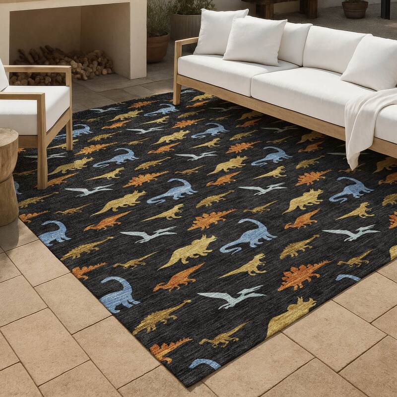 Machine Washable Indoor/ Outdoor Modern Dinosaur Chantille Rug - Black - 5' x 7'6"