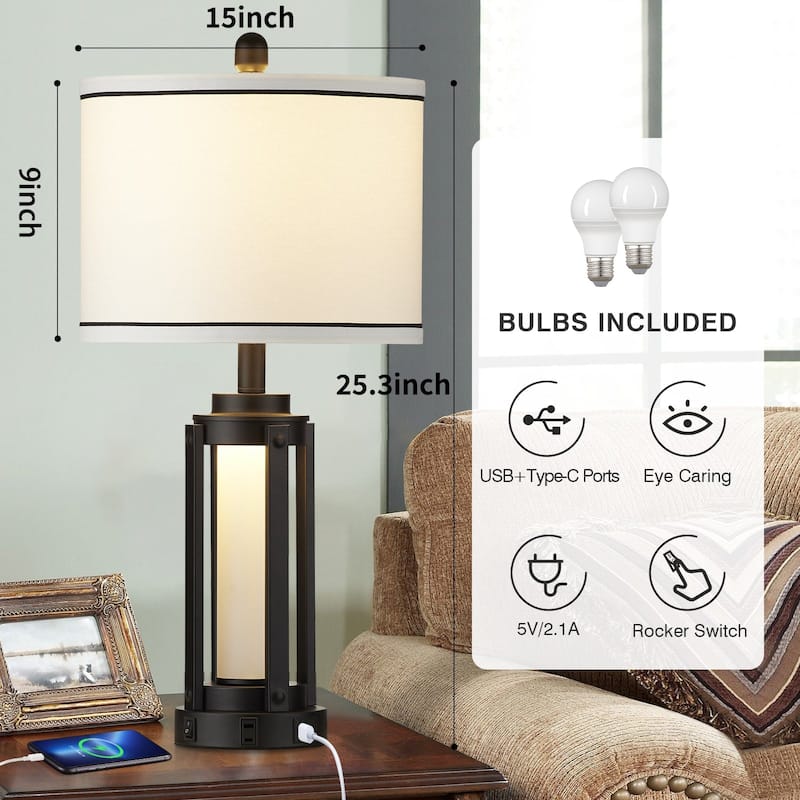 Black Metal Table Lamps Nightlight 2in1 USB & Type-C Charging Ports AC Outlet & Knockdown Drum Shade (Set of 2)