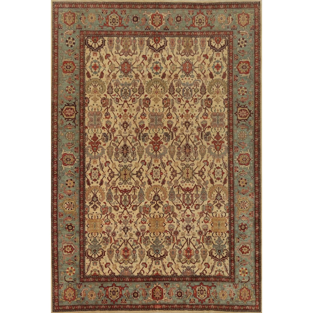 Hand Knotted Traditional Wool Beige Geometric Area Rug - 13' 7'' X 10' 3''