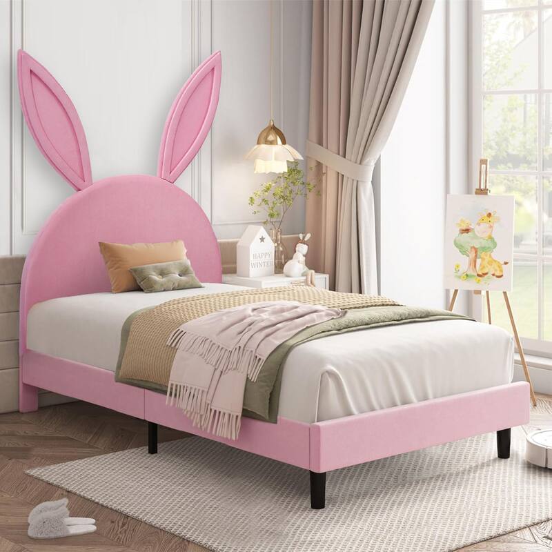 VECELO Twin Size Rabbit Shaped Kids Bed with Velvet Headboard Upholstered Bed with Center Support Leg