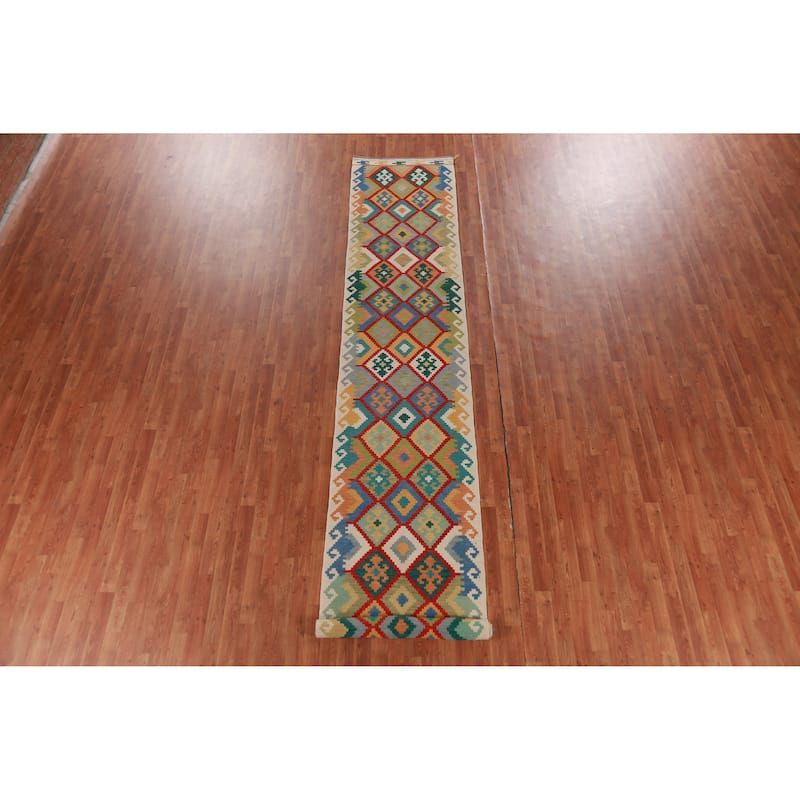 Hand Woven Oriental 100% Wool Carpet Southwestern Geometric Multi-Colored Kilim Runner Rug - 16' 1'' X 2' 9''