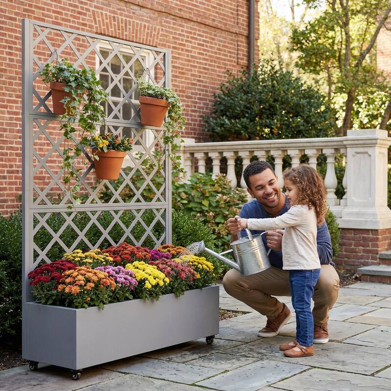 Raised Garden Bed Planter with Trellis Movable Planter Box with Lockable Wheels