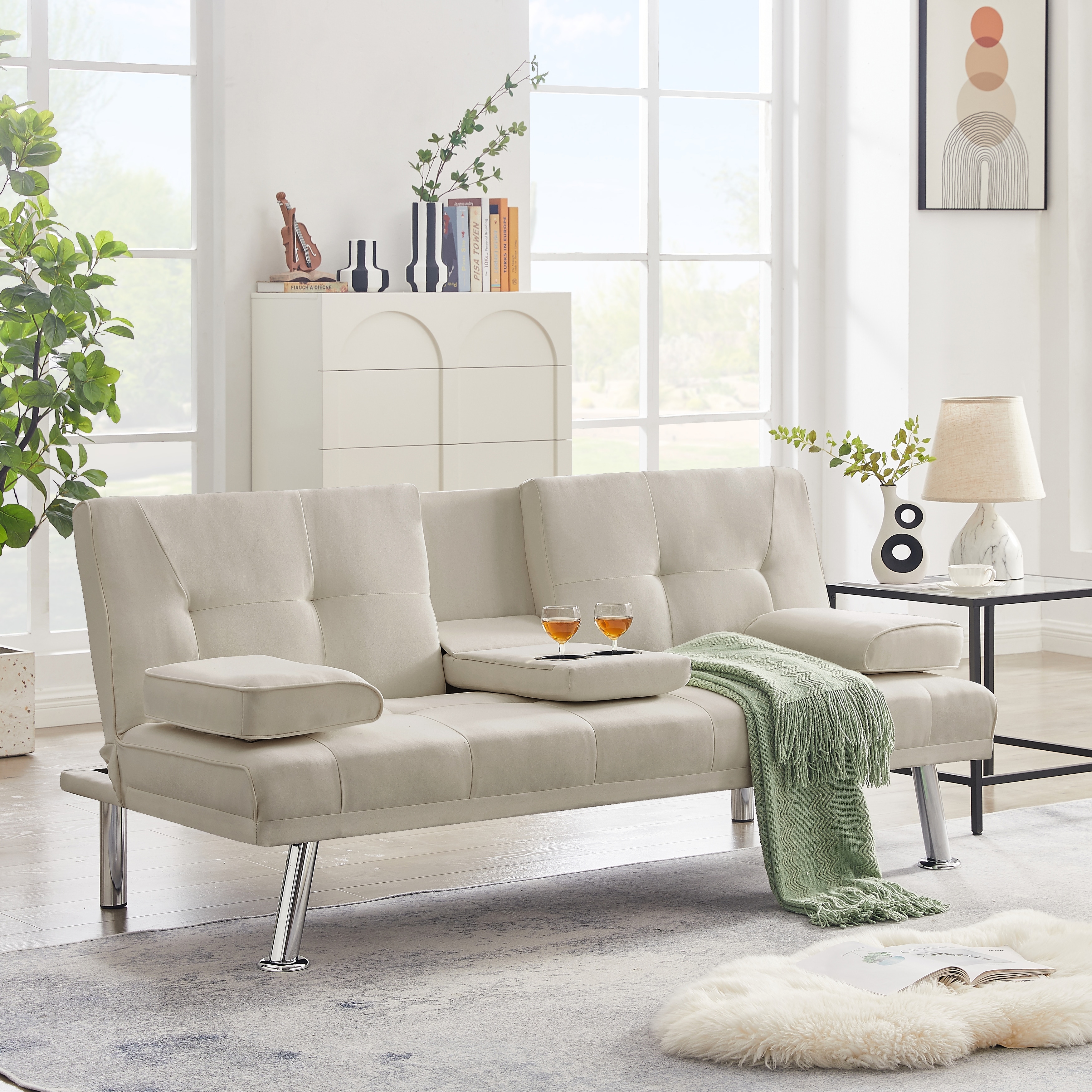 Modern Fabric Upholstered Convertible Folding Futon Sofa Bed Dorm