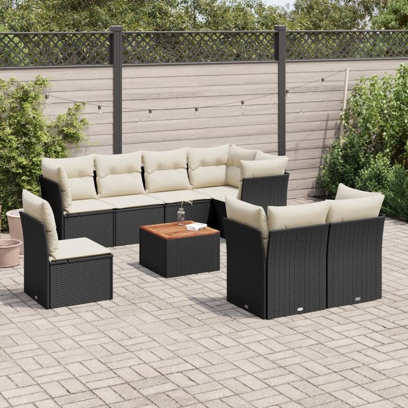 vidaXL Patio Sofa Set with Cushions Outdoor Furniture 9 Piece Poly Rattan - 21.7 x 21.7 x 14.6 - Black and Cream-5x corner+Table+3x middle