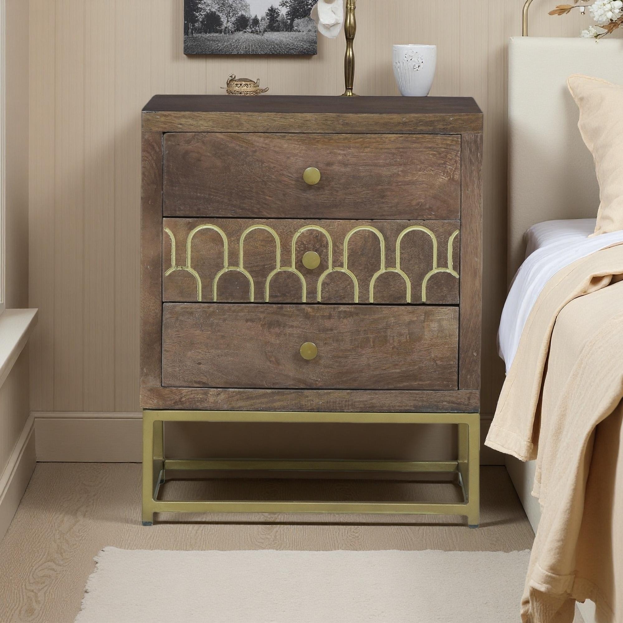 17.5"L Mango Wood Nightstand with Gold Fish Scale Design, 3 Drawers & Iron Frame