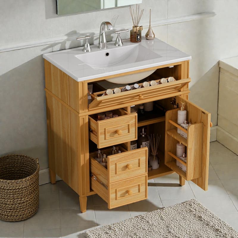 30" Bathroom Vanity with Ceramic Sink, Wood Cabinet with Flip-Out Drawer, Soft-Close Drawers and Door