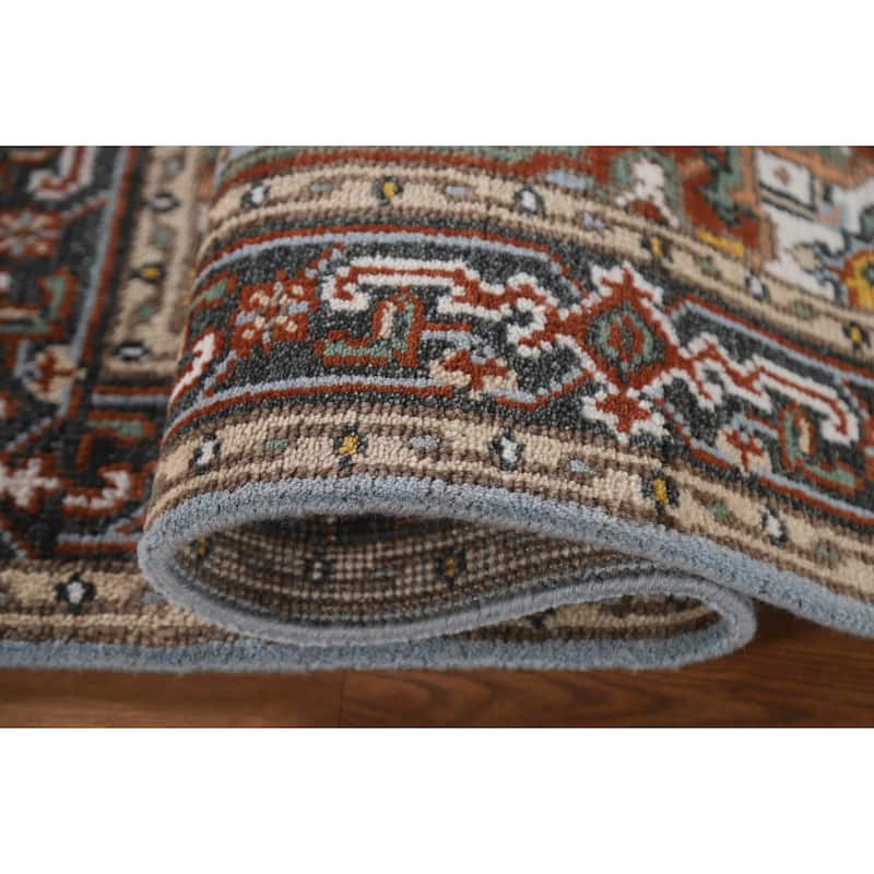 Light Blue Geometric Heriz Indian Area Rug Handmade Wool Carpet - 3'2"x 4'11"