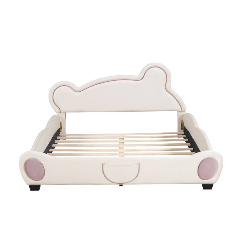 Velvet Bed with Bear-Shaped Headboard & Storage Pocket