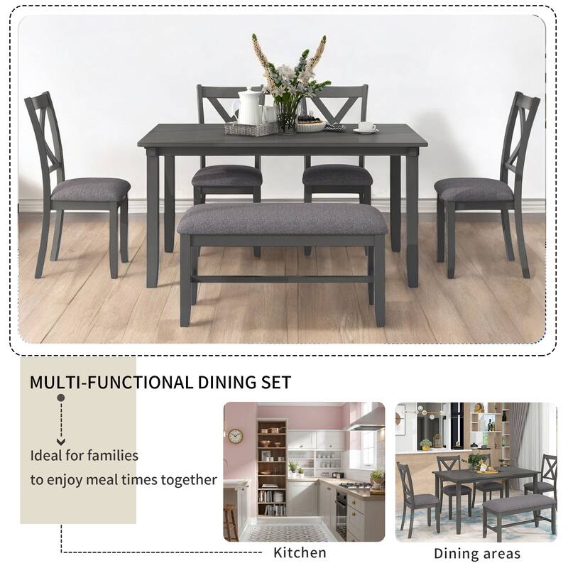 6-Piece Rectangular Dining Table Set with 4 Upholstered Chairs and Bench, Wood Kitchen Table for Family Dining Room