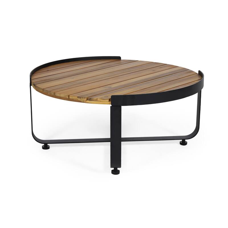 Roomfitters Modern Round Coffee Table with Teak-Style Wood Surface and Sleek Metal Base, Teak