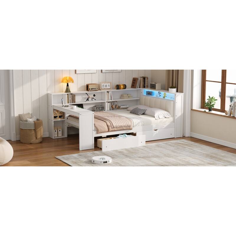 Roomfitters Full Platform Bed with LED Headboard, Charging Station and Storage