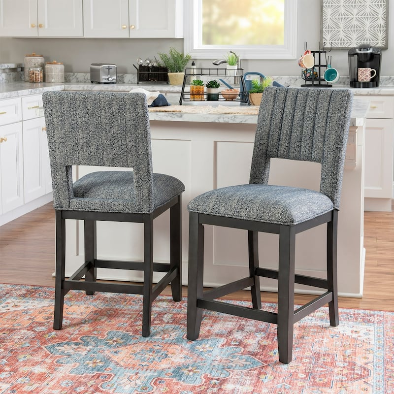 Set of 2 Upholstered Counter Height Chairs with Wooden Legs in Blue Gray and Gray