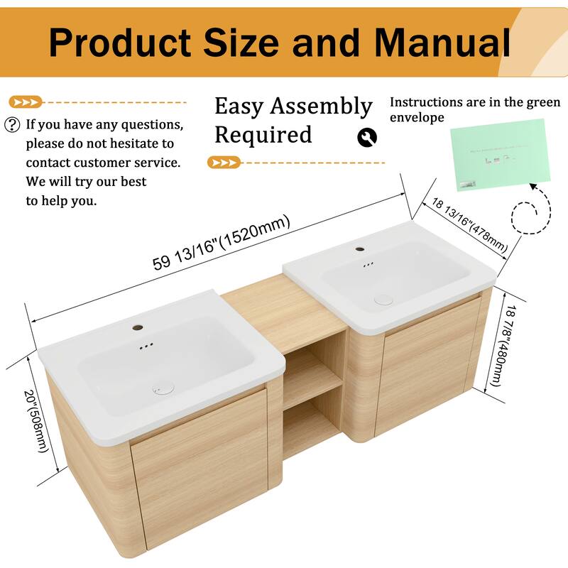 Malwee 24"/36"/48"/60" Floating Bathroom Vanity, Wall Mounted Bathroom Vanity with Ceramic Sink,Soft Close Door and Shelf