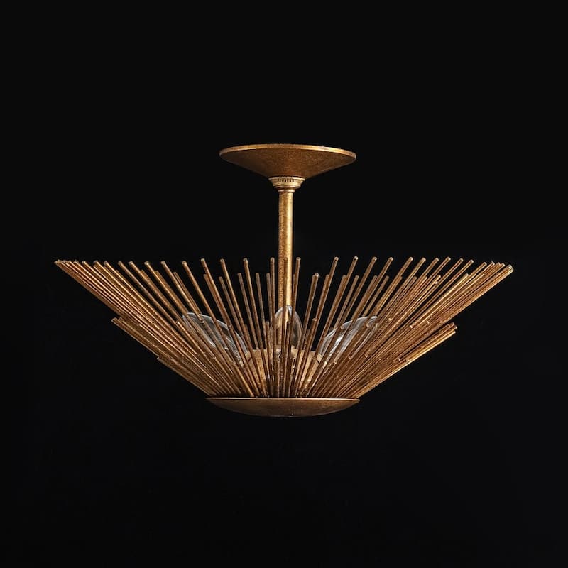 3-Light Vintage Luxe Gold Leaf Sunburst Semi Flush Ceiling Light