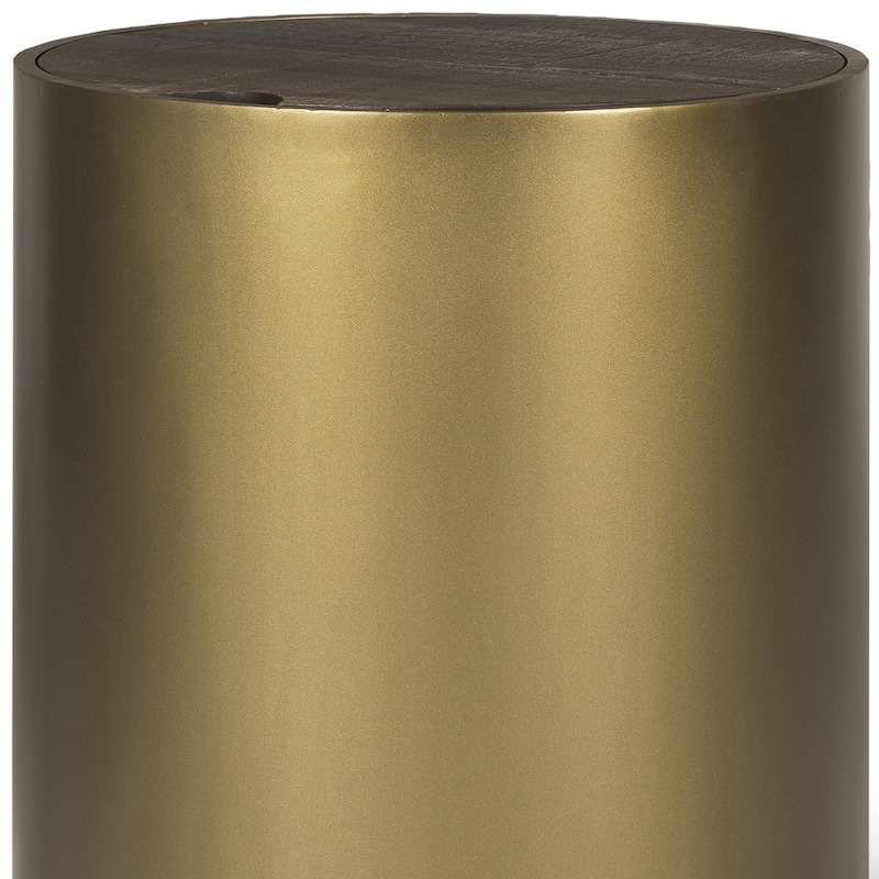 HomeRoots 22" Antiqued Gold And Brown Metal And Solid Wood Drum End Table With Storage - 20 in. x 22 in. x 20 in.