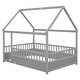 preview thumbnail 26 of 34, Twin/Full Size Floor Bed Wooden House-shaped Bed Frame with Fence Guardrails & Roof, Twin/Full Size Bed for Kids Boys Girls