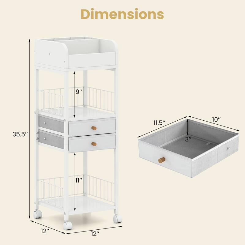 White Rolling Makeup Organizer with Drawers and Shelves Metal Vanity Storage Cart with Wheels - 12" x 12" x 35.5"