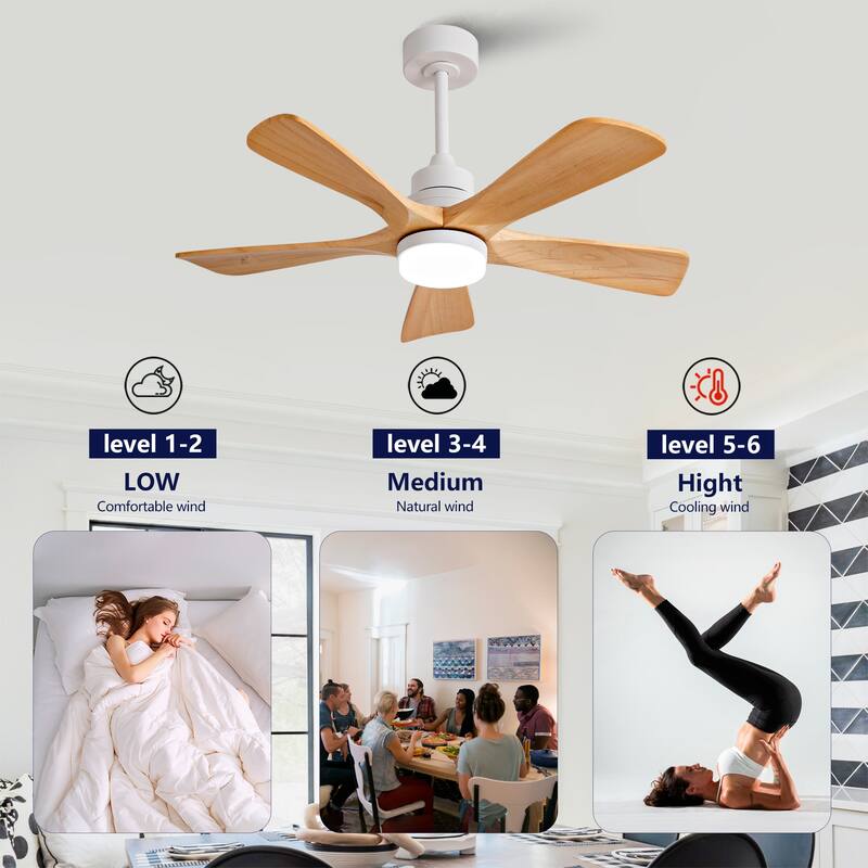 42 Inch Indoor Ceiling Fan With Dimmable LED Light 5 Solid Wood Blades Remote Control Reversible DC Motor