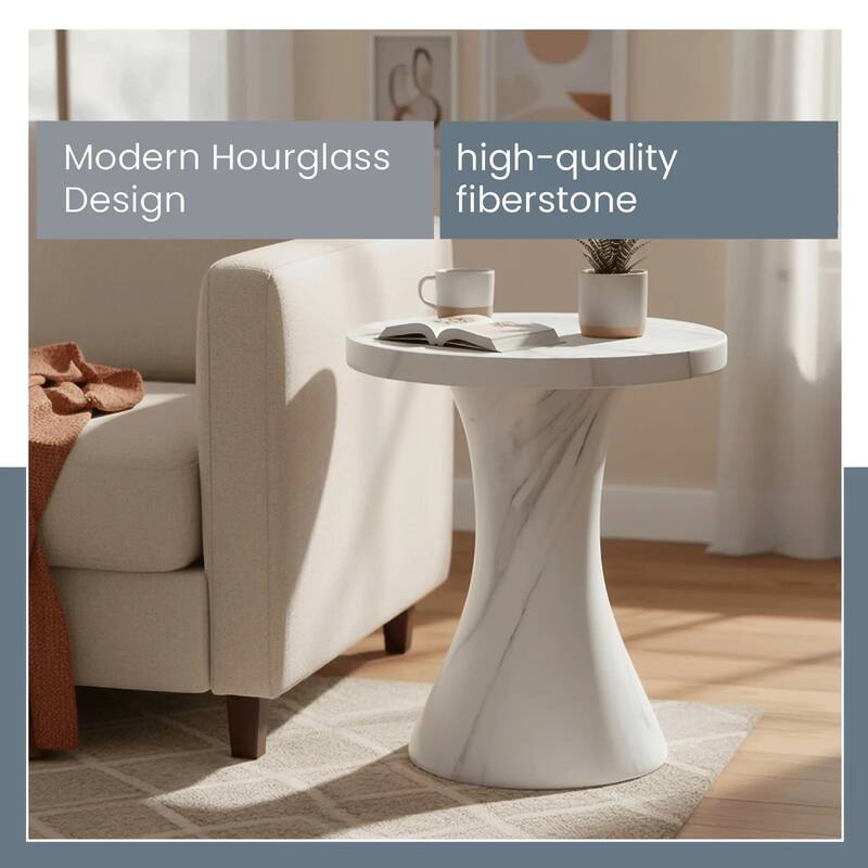 Isidra 19" Round Fiberstone Side Table with Marble-Inspired Finish and Flared Pedestal Base