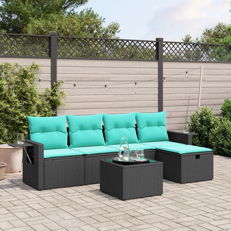 vidaXL Patio Sofa Set with Cushions Outdoor Conversation Furniture Poly Rattan - 21.7" x 24.4" x 27.2" - Black without storage