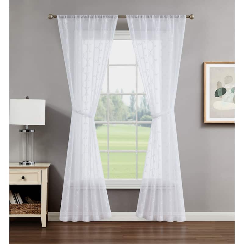 Creative Home Ideas Selena Embroidered Sheer Rod Pocket Window Curtain Panel Pair with Tiebacks