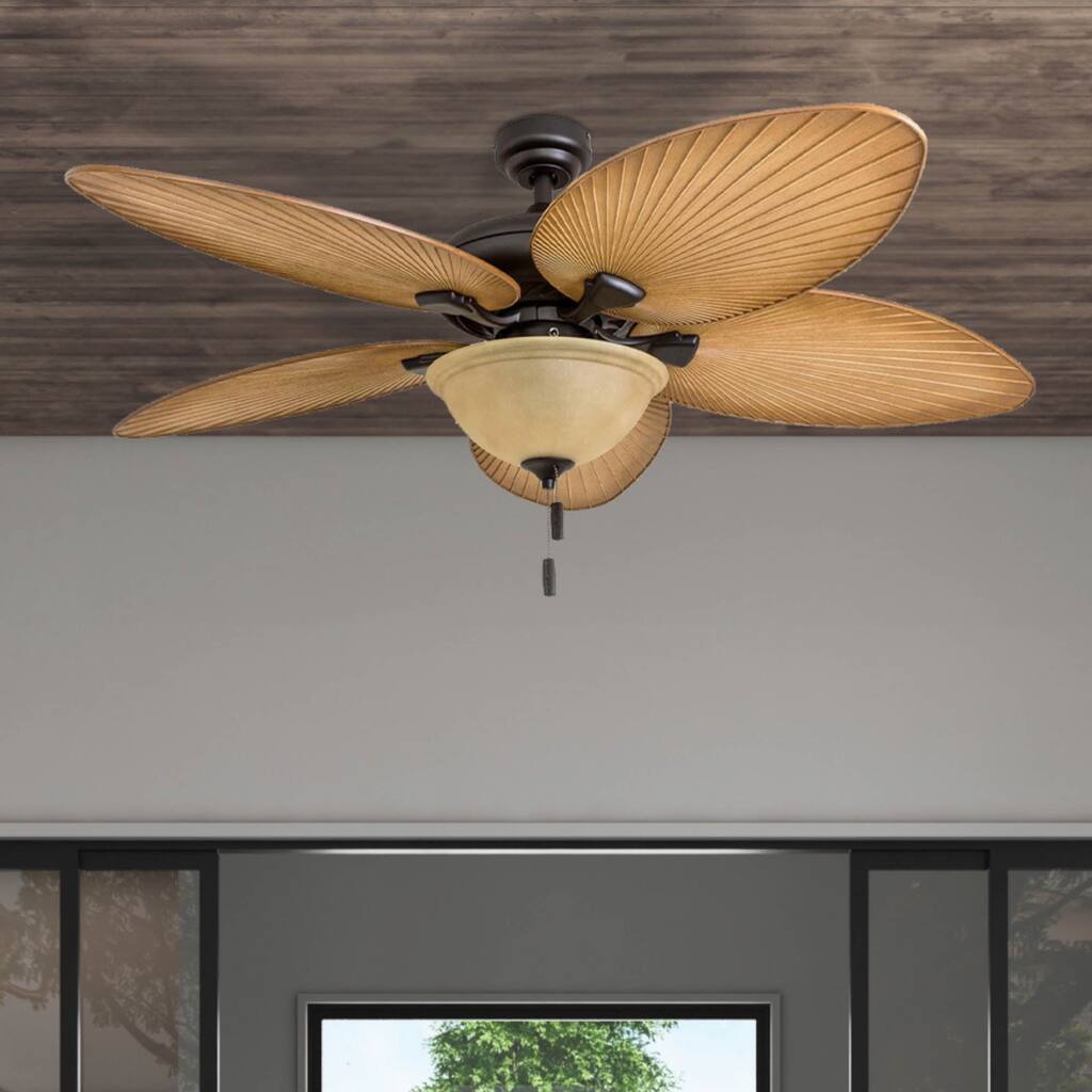 52" Honeywell Palm Valley Bronze Indoor/Outdoor Ceiling Fan with Light, Pull Chain, 5 Palm Leaf Blades