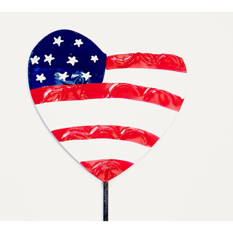15" Iron Americana Flag Heart Shaped Planter or Garden Floral Stake, Set of 5