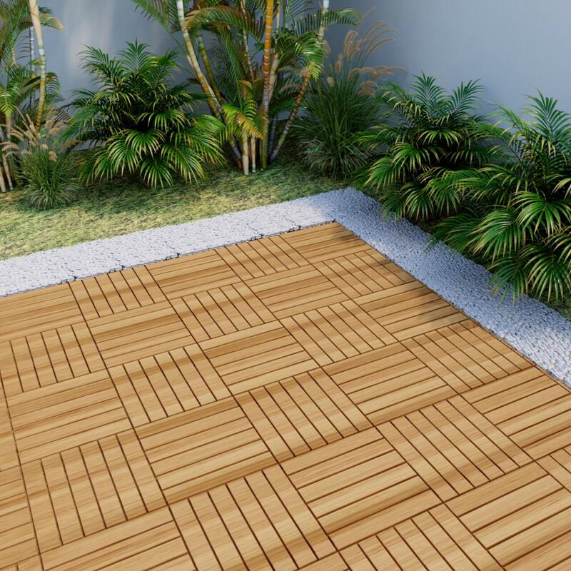 12"x12" Yellow Acacia Hardwood Deck Tiles, Interlocking Striped Pattern for Outdoor Patio, Pool - 20PCS