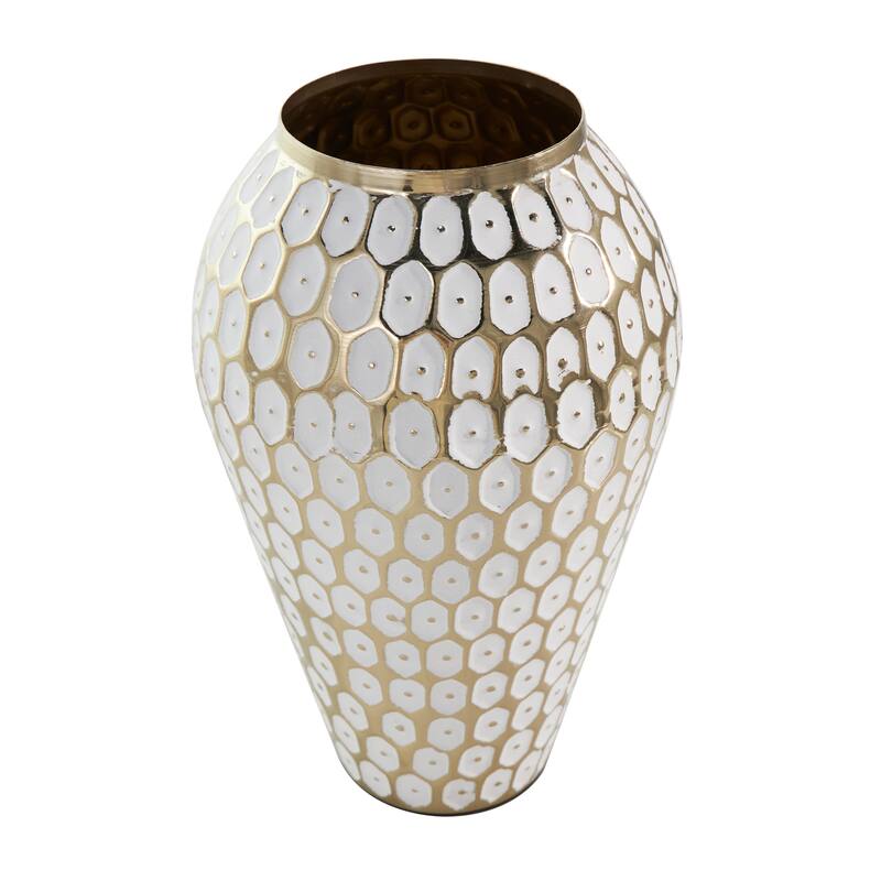 Gold Metal Geometric Dot Geometric Decorative Vase with White Accents