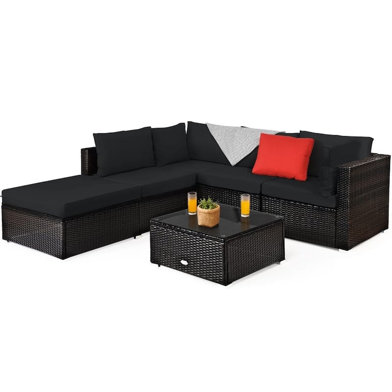6 Pieces Outdoor Patio Rattan Furniture Set Sofa Ottoman with Coffee Table - 30'' x 30'' x 26''(L x W x H)