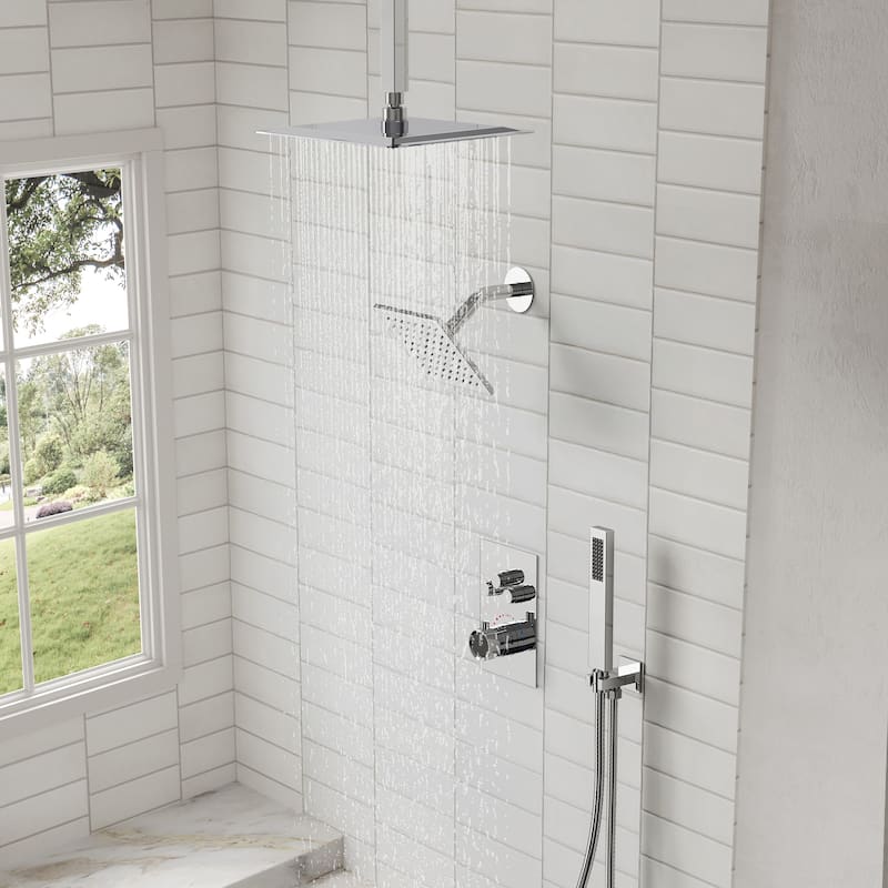 Thermostatic Shower Faucet, 12" High-Pressure Dual Showerheads System with Rough-In Valve